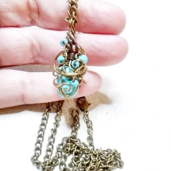 Eclectic! Turquoise Chaos Bead Pendant & Bronze Chain 22" ~ Boho Gyspy Hippie - Picture 1 of 7